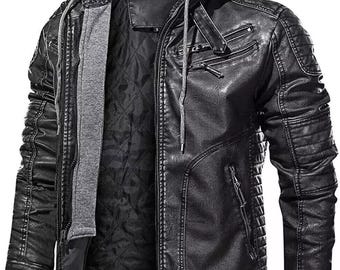 May include: Black leather jacket with a zipper closure, a hood, and multiple pockets. The jacket has a quilted lining and a gray fleece lining in the hood.