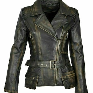 Blouson moto en cuir vintage motard café racer marron effet vieilli Brando femme