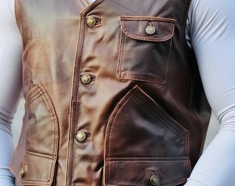 Men's Vintage Dark Brown Leather Motorcycle Vest: Handmade Slim Fit Biker Vest