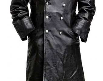 Trench allemand, manteau de style militaire, manteau en similicuir vintage, manteau d'officier en cuir militaire classique, manteau de style long, XS à 3XL.