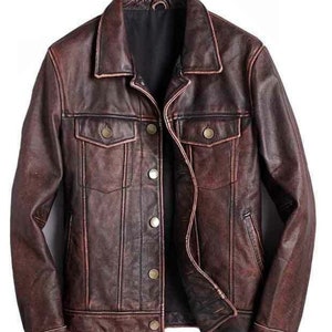 Blouson en cuir vintage pour homme, Blouson en cuir style Truker, Blouson motard en cuir marron, Blouson moto fait main, Blouson en cuir de soirée,
