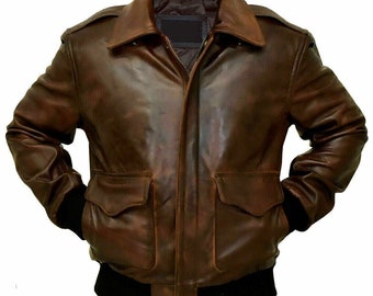 Vintage Aviator A-2 Real Cowhide Distressed Brown Leather Bomber Flight Vintage Jacket