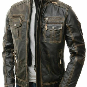 Blouson moto motard vintage homme en cuir véritable marron effet vieilli Cafe Racer