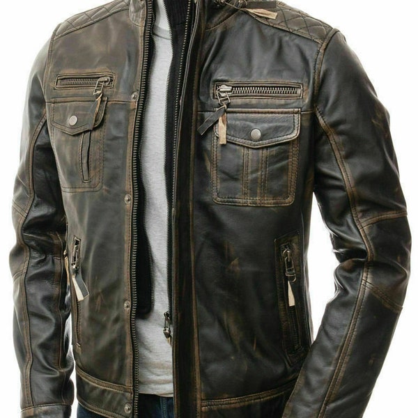 Mens Motorcycle Biker Vintage Distressed Brown Cafe Racer Real Leather Jacket