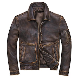 Blouson motard en cuir vintage, blouson moto marron effet vieilli, blouson en cuir coupe slim fait main, blouson rétro, XS à 3XL.