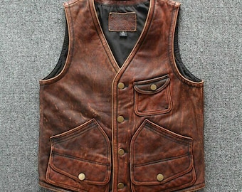 Men's Biker Vintage Tan Brown Real Leather Motorcycle Vest