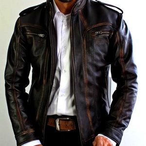 Blouson en cuir vintage fait main pour homme, blouson en cuir effet vieilli marron, blouson de style motard, blouson aviateur en cuir, blouson de soirée.