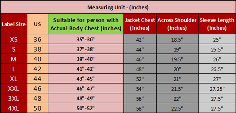 May include: A size chart for jackets, displaying measurements in inches. The chart includes label sizes from XS to 4XL, with corresponding US sizes, chest measurements, shoulder width, and sleeve lengths. The text "Measuring Unit - (Inches)" is at the top.