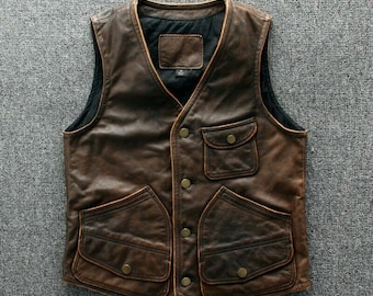 Mens Real Leather Motorcycle Vest - Tan Brown Biker Vest