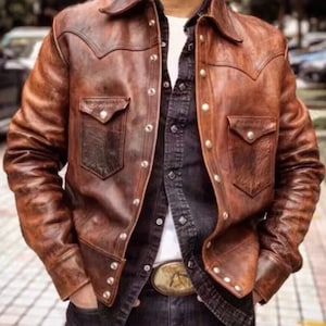 Blouson en cuir vintage fait main pour homme, Blouson en cuir effet vieilli marron, Blouson moto style motard, Blouson aviateur en cuir, Blouson de soirée,