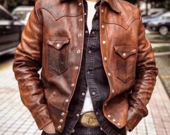 Men's Handmade Vintage Leather Jacket, Brown Distressed Leather Jacket, Motorcycle Biker Style Jacket, Bomber Leather Jacket, Party Jacket,