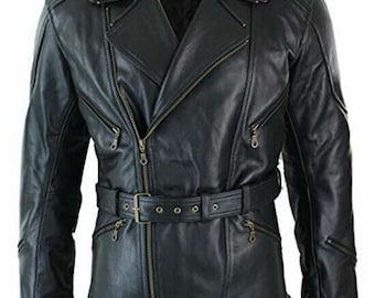 Chaqueta de motociclista negra de piel de vaca hecha a mano