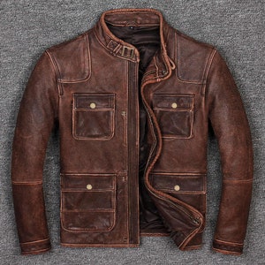 Blouson moto motard Cafe Racer vintage en cuir de vachette marron effet vieilli pour homme