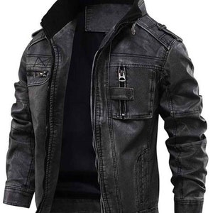 Blouson moto motard effet vieilli en cuir véritable pour homme, veste aviateur noire vintage