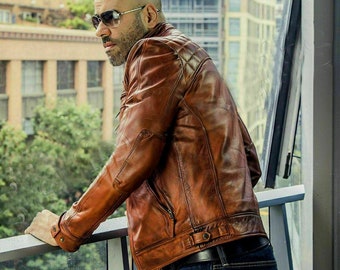 Men&#39;s Handmade Vintage Leather Jacket, Brown Distressed Leather Jacket, Motorcycle Biker Style Jacket, Bomber Leather Jacket, Party Jacket,