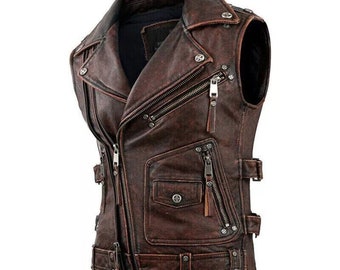 Vintage Brown Leather Motorcycle Vest: Handmade Slim Fit Biker Vest