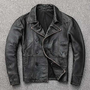 Blouson en cuir de motard vintage, blouson de moto noir effet vieilli, blouson en cuir coupe slim fait main, blouson de style rétro, XS à 3XL.