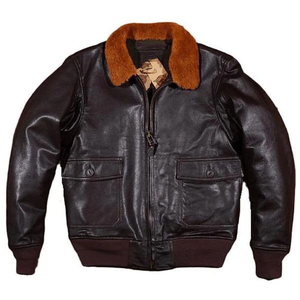 Men's G-1 Flight Jacket, Vintage Leather Jacket, Aviator Black Jacket, Real Cowhide Leather Jacket, Bomber Jacket, Removable Fur Collar,