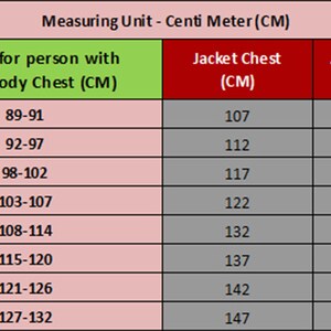May include: A size chart for jackets, with measurements in centimeters. The chart includes sizes XS to 4XL, corresponding US sizes, and chest, shoulder, and sleeve measurements. The text "Measuring Unit - Centi Meter (CM)" is at the top.