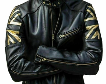 May include: Black leather jacket with gold accents on the sleeves. The accents feature a Union Jack design.