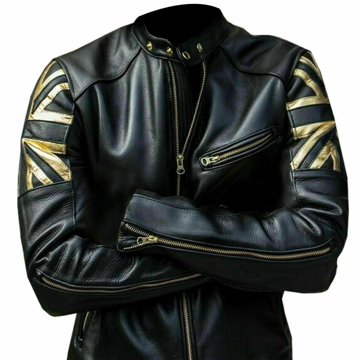 未使用品　cantate British Leather Jacket Mens Biker Vintage Motorcycle Black Cafe Racer UK Flag Union