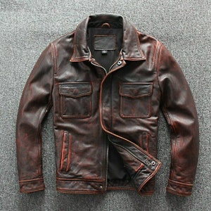 Blouson moto motard vintage Cafe Racer en cuir véritable marron effet vieilli pour homme, du XS au 3XL