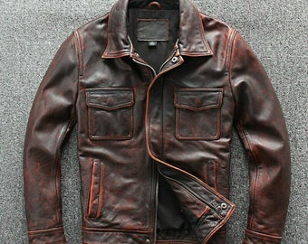 Men’s Motorcycle Biker Vintage Cafe Racer Distressed Brown Real Leather Jacket XS to 3XL