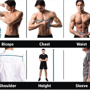 May include: A series of images demonstrating body measurements. The images show how to measure biceps, chest, waist, shoulder, height, and sleeve length using a measuring tape. The text labels each measurement.