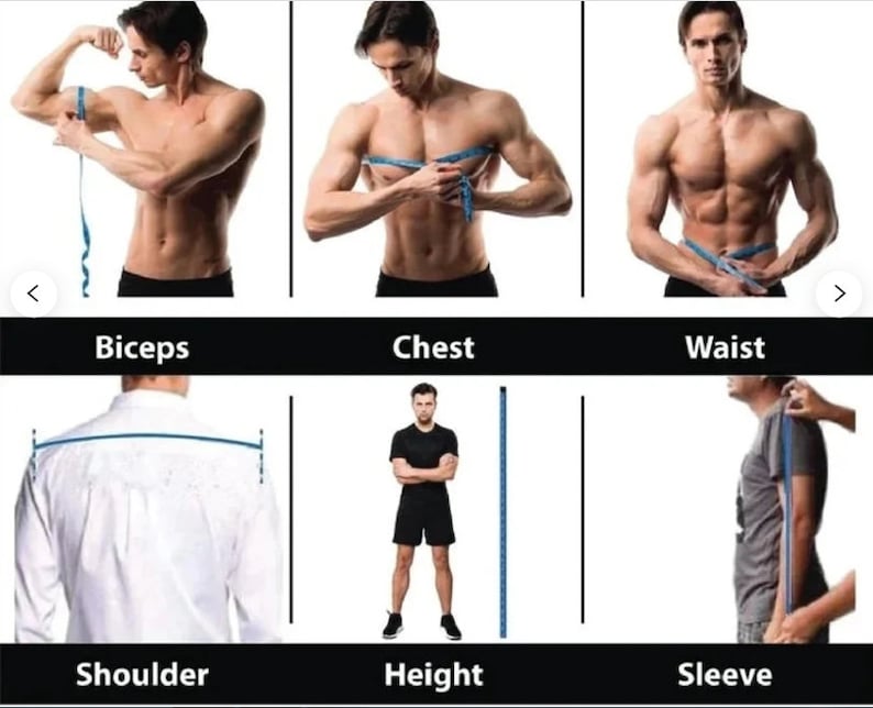 May include: A series of images demonstrating body measurements. The images show how to measure biceps, chest, waist, shoulder, height, and sleeve length using a measuring tape. The text labels each measurement.