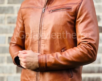 Mens Tan Leather Motorcycle Jacket, Vintage Style Full Grain