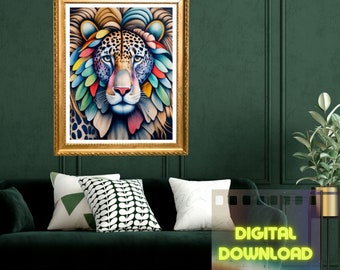 Colorful Lion Wall Art, Vibrant Lion Leopard Parrot Print, Bright Art, Animal Art, Lion Art, Maximalist Decor, Rainbow Animal Print