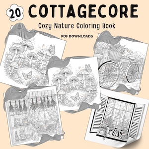Cottagecore Coloring Pages Bundle | Cozy Cottage Relaxing Color Page | Printable Mushrooms, Bicycle & Window Scene for Relaxing Adult