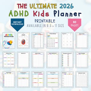 ADHD Kids Planner 2026 Printable | Daily Weekly Monthly Calendar | Routine Tracker for Children | Wellness Goals Homework Organizer