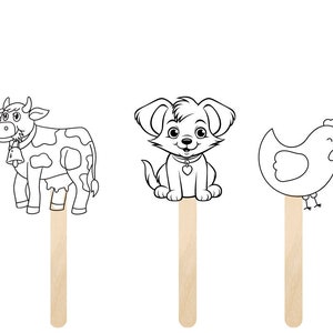 May include: Black and white line art illustrations of a pig, cow, dog, chicken, horse, and tractor on wooden craft sticks. These are great for a farm-themed puppet show or craft project.