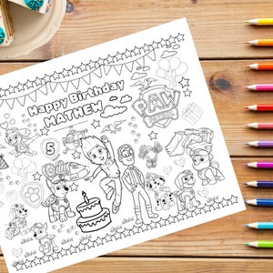 Paw Patrol Birthday Party Coloring Placemat - Digital 11x8.5 - Editable