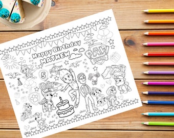 Paw Patrol Birthday Party Coloring Placemat - Digital 11x8.5 - Editable