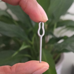 May include: A silver metal crochet hook with a loop at the top and a pointed tip.