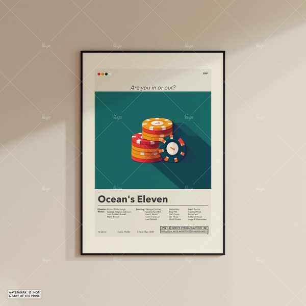 Ocean's Eleven Poster | Steven Soderbergh | Minimalist Movie Poster | Custom Movie Posters | Wall Art Print | Home Decor