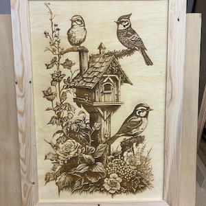 Birdhouse and Songbirds Laser Engraving on Wood - Nature-Inspired Rustic Wall Art - Handmade Wooden Decor