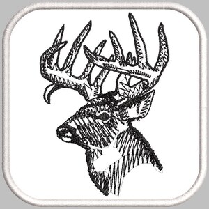 May include: Black and white line art illustration of a deer head with large antlers. The deer head is facing to the left. The image is on a white background.