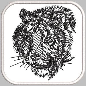 Könnte beinhalten: Schwarz-weiß-Linienkunst-Illustration eines Tigergesichts. Das Tigergesicht ist stilisiert gezeichnet, wobei Linien das Fell und die Gesichtszüge bilden.