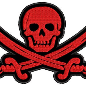 May include: Red skull and crossbones pirate patch with black outlines. The skull is detailed with eye sockets, a nose, and a mouth.