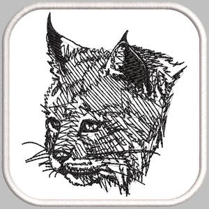 May include: Black and white line art illustration of a lynx's head. The lynx is looking to the left of the image.
