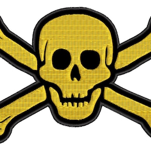 Peut inclure: Un motif de crâne et d'os croisés jaune avec des contours noirs. Le crâne a des yeux noirs et une bouche noire.