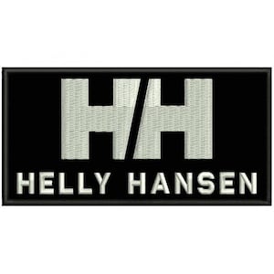 Könnte beinhalten: Ein gestickter schwarzer und weißer Aufnäher mit dem Text "H/H HELLY HANSEN".