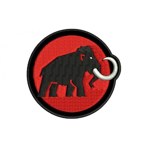 May include: A black and white embroidered patch of a mammoth with a red background. The mammoth is standing on a red circle with a black outline.