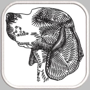 Könnte beinhalten: Schwarz-weiß-Linienzeichnung eines Hundekopfes, möglicherweise ein Bloodhound, mit heruntergeklappten Ohren.