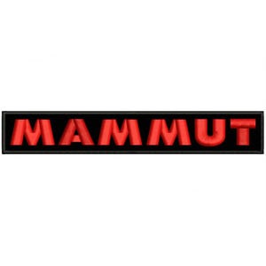Puede incluir: Parche bordado negro y rojo con la palabra "MAMMUT" en letras rojas.