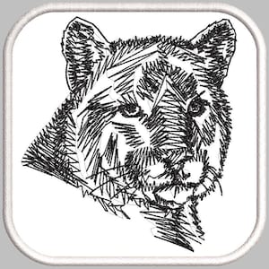 May include: Black and white line art illustration of a cougar's head. The cougar is facing forward with its mouth closed. The illustration is done in a simple, stylized manner.