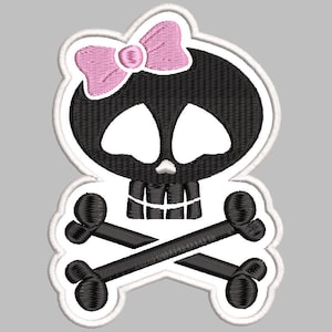 May include: Black and white skull with a pink bow, crossed bones, and white outline.